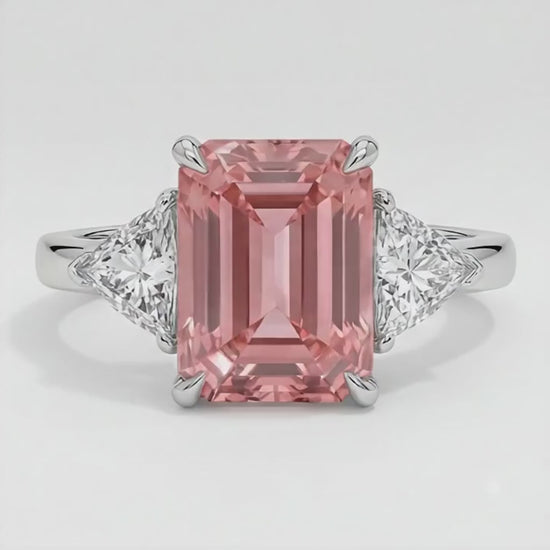 Emerald Cut Padparadscha and White Trilliant Three Stone Ring Natural Platinum