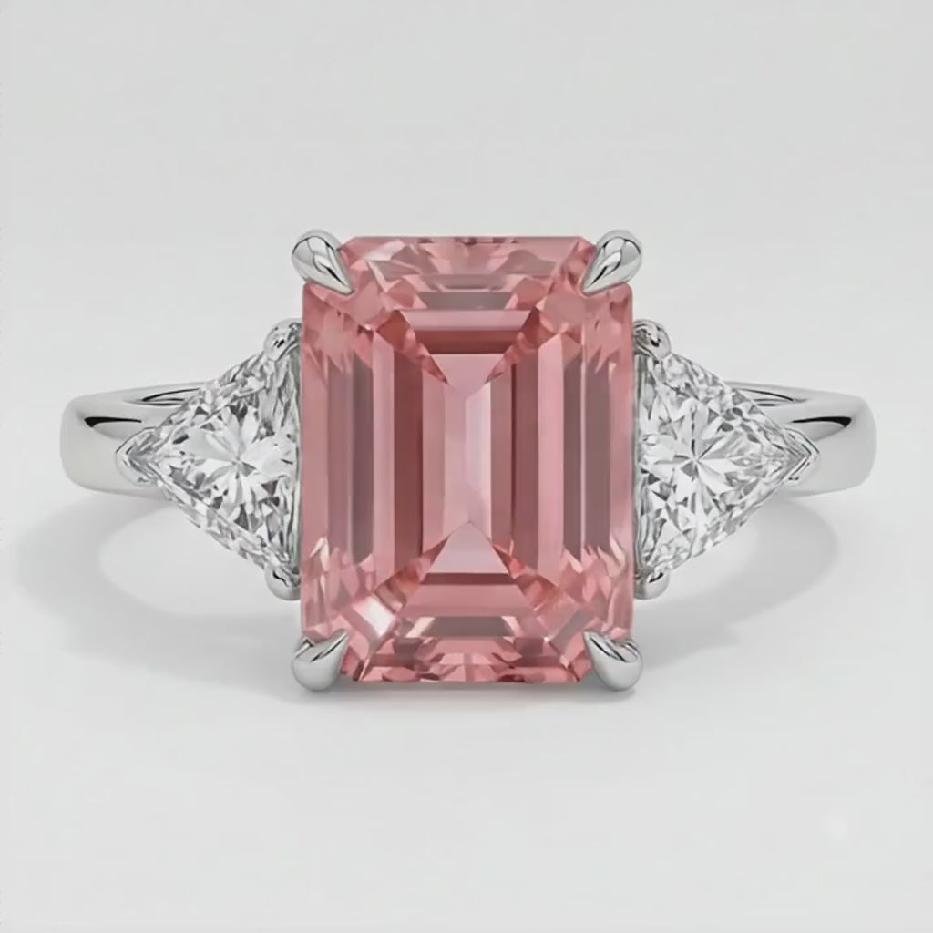Emerald Cut Padparadscha and White Trilliant Three Stone Ring Natural Platinum