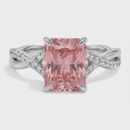 Emerald Padparadscha and White Diamond Pave Ring Natural 14K White Gold