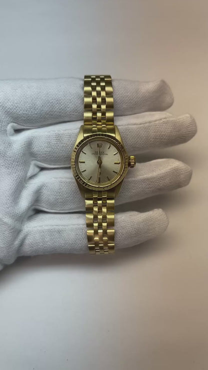 Rolex Oyster Prepetual Silver Stick Dial 24 mm Yellow Gold Ladies Watch