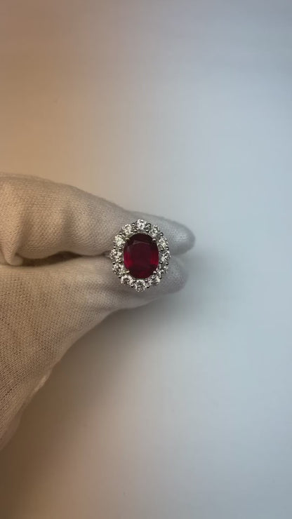 Red Ruby Halo Diamond Wedding Ring White Gold 14K 6.5 Ct