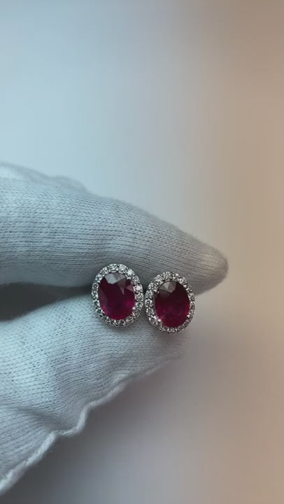8.80 Ct Ruby And Natural Earth Mined Diamonds Studs Halo Earrings Gold White 14K