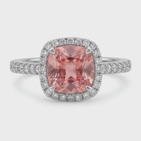 Cushion Padparadscha and White Diamond Halo Ring Natural 14K White Gold
