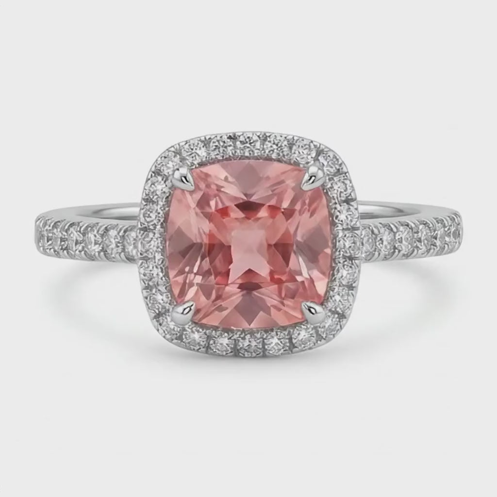 Cushion Padparadscha and White Diamond Halo Ring Natural 14K White Gold