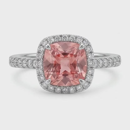 Cushion Padparadscha and White Diamond Halo Ring Natural 14K White Gold
