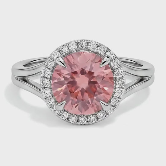 Round Lab Grown Padparadscha and Lab Grown Diamond Halo Ring 14K White Gold