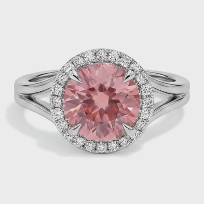 Round Lab Grown Padparadscha and Lab Grown Diamond Halo Ring 14K White Gold