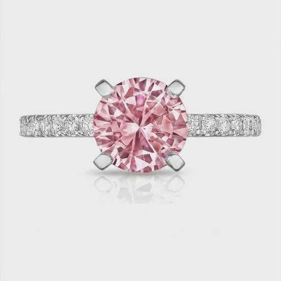 3.5 Carat Round Pink Lab Grown Diamond and White Diamond Pave Ring 14K White Gold