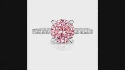 3.5 Carat Round Pink Lab Grown Diamond and White Diamond Pave Ring 14K White Gold
