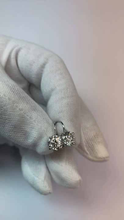 Round Solitaire Natural Earth Mined Diamond Leverback Earring 2 Carat White Gold 14K