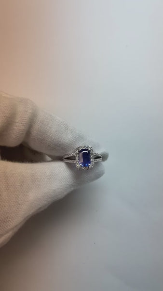 Emerald Cut Blue Sapphire Halo Ring with Diamond 4.25 Carats