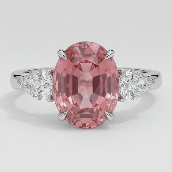 Oval Padparadscha and White Pear Three Stone Ring Natural Platinum