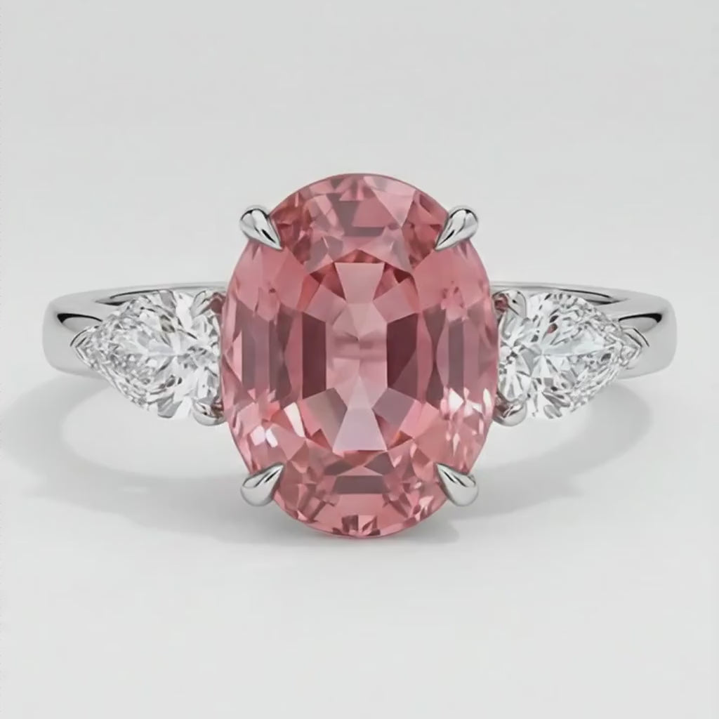 Oval Padparadscha and White Pear Three Stone Ring Natural Platinum