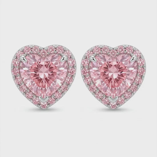 3.5 Carat Heart Pink Lab Grown Diamond and White Diamond Halo Earrings 14K White Gold