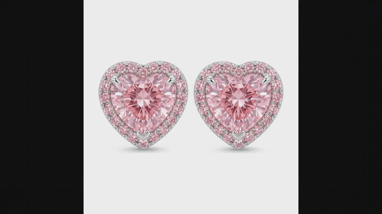3.5 Carat Heart Pink Lab Grown Diamond and White Diamond Halo Earrings 14K White Gold