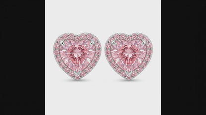 3.5 Carat Heart Pink Lab Grown Diamond and White Diamond Halo Earrings 14K White Gold