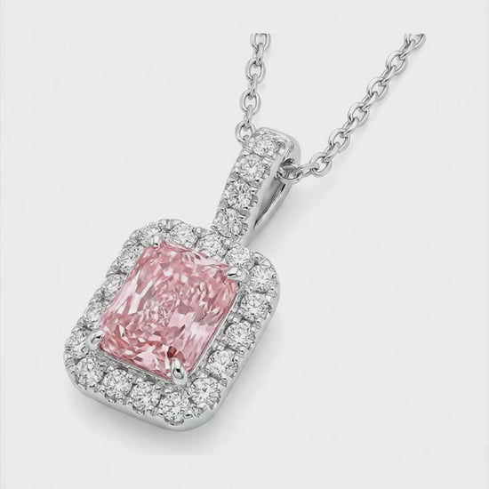 2.25 Carat Radiant Pink Lab Grown Diamond and White Diamond Halo Pendant 14K White Gold