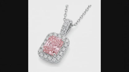 2.25 Carat Radiant Pink Lab Grown Diamond and White Diamond Halo Pendant 14K White Gold