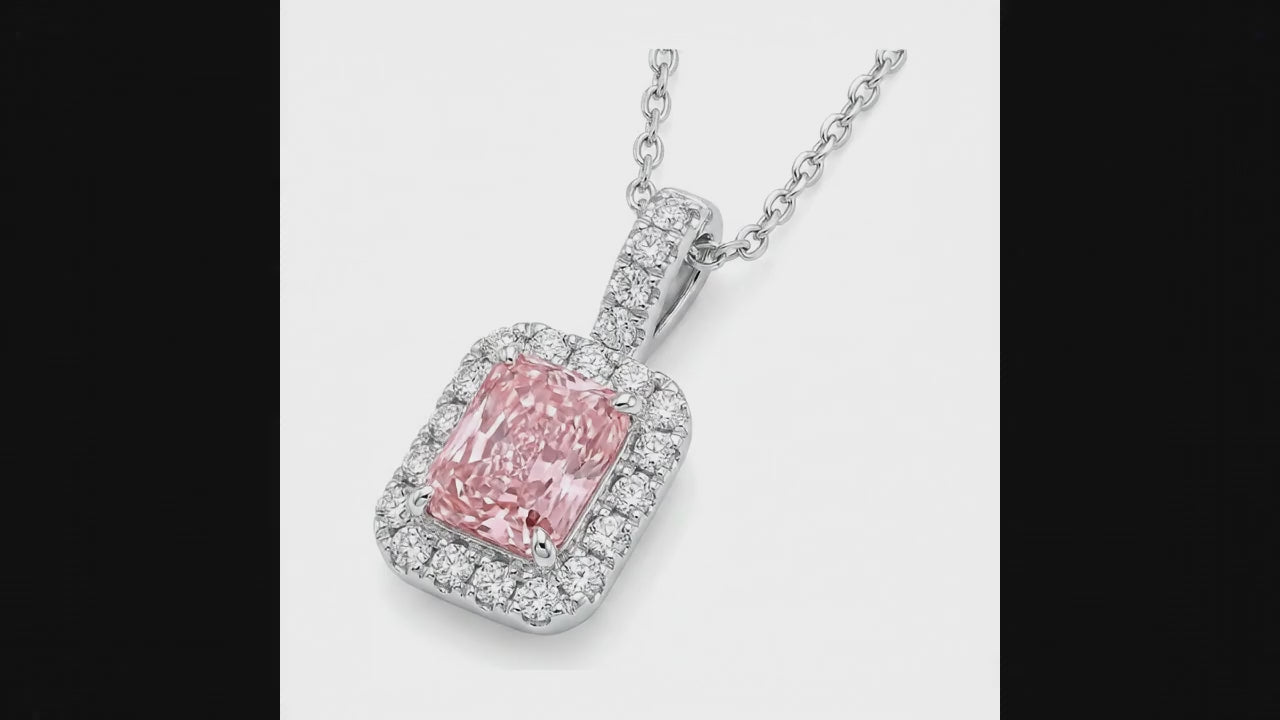 2.25 Carat Radiant Pink Lab Grown Diamond and White Diamond Halo Pendant 14K White Gold