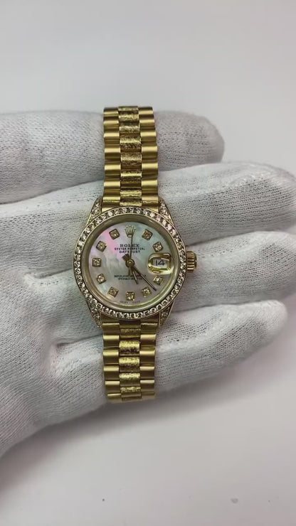 Rolex Women President Style Watch Yellow Gold Diamond Mop Dial