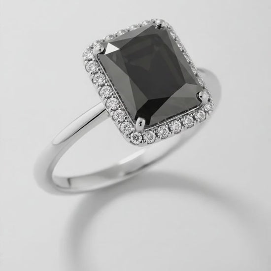 2.5 Carat Radiant Black Diamond and White Diamond Halo Ring Natural 14K White Gold