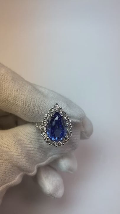 Halo Gemstone Ring Pear Blue Sapphire Gold Womens Jewelry 8 Carats