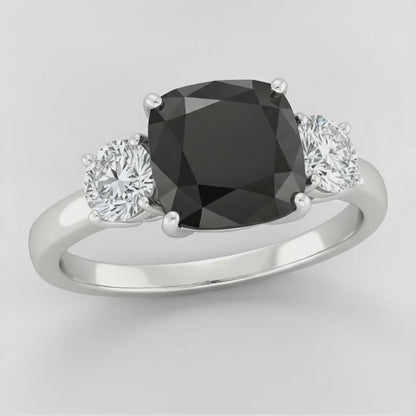 Cushion Black and White Diamond Three Stone Ring Natural 14K White Gold