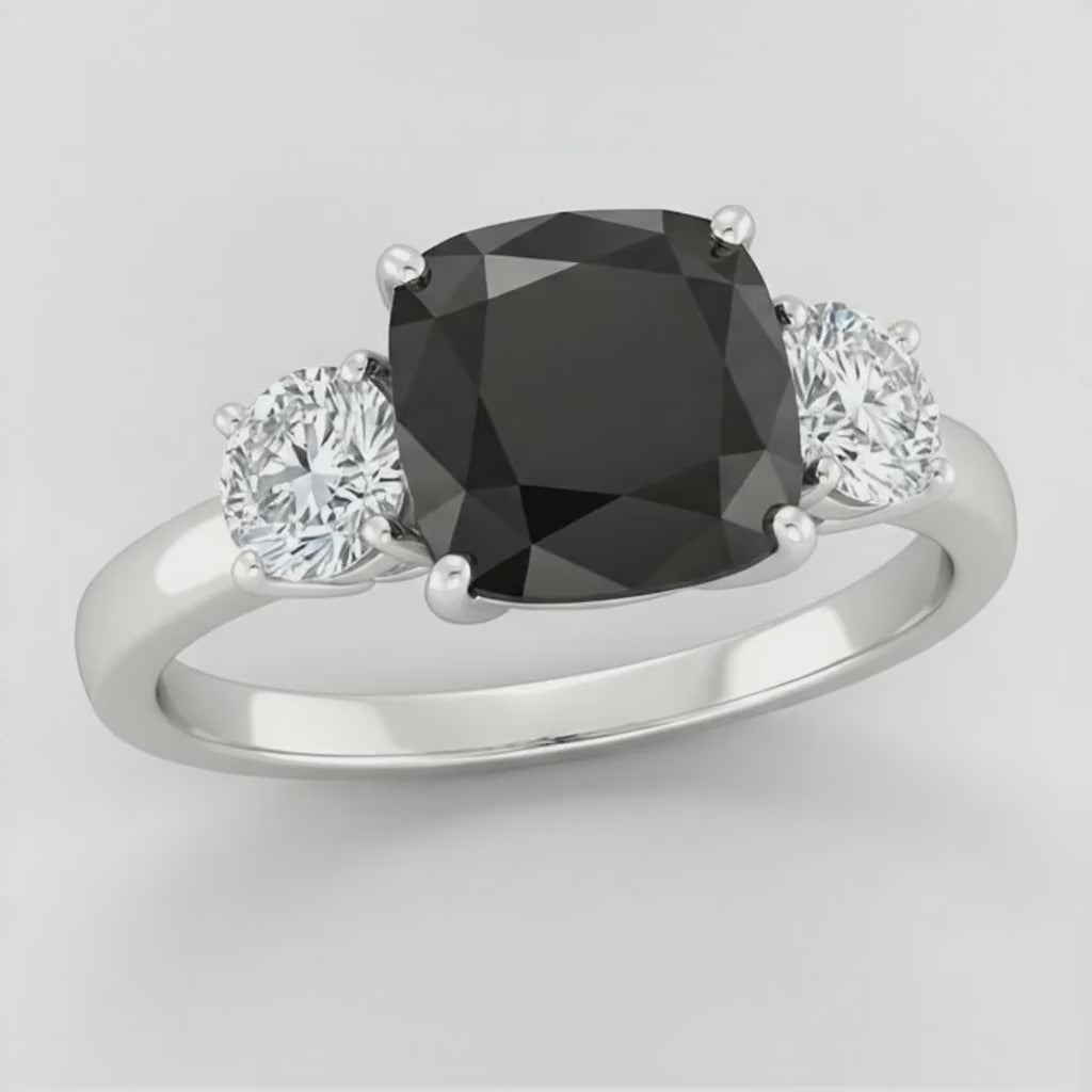 Cushion Black and White Diamond Three Stone Ring Natural 14K White Gold
