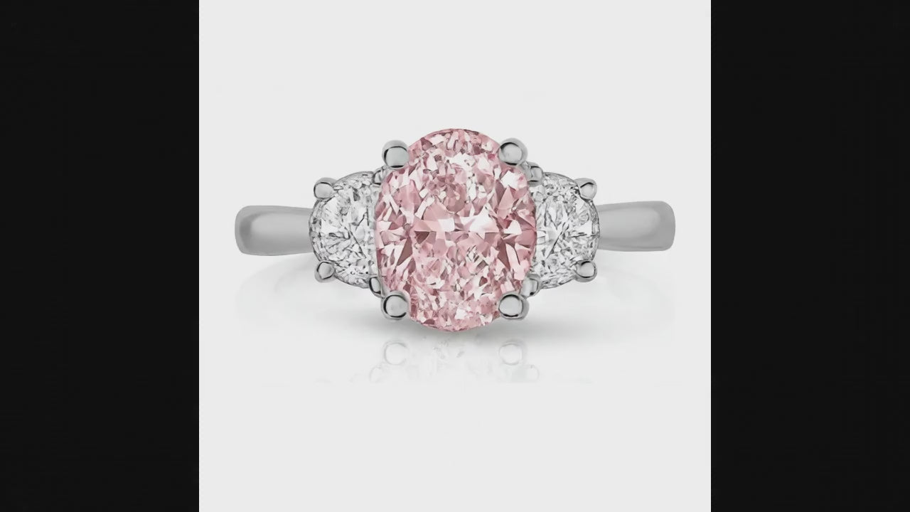 3.5 Carat Oval Pink Lab Grown Diamond and White Diamond Three Stone Ring 14K White Gold