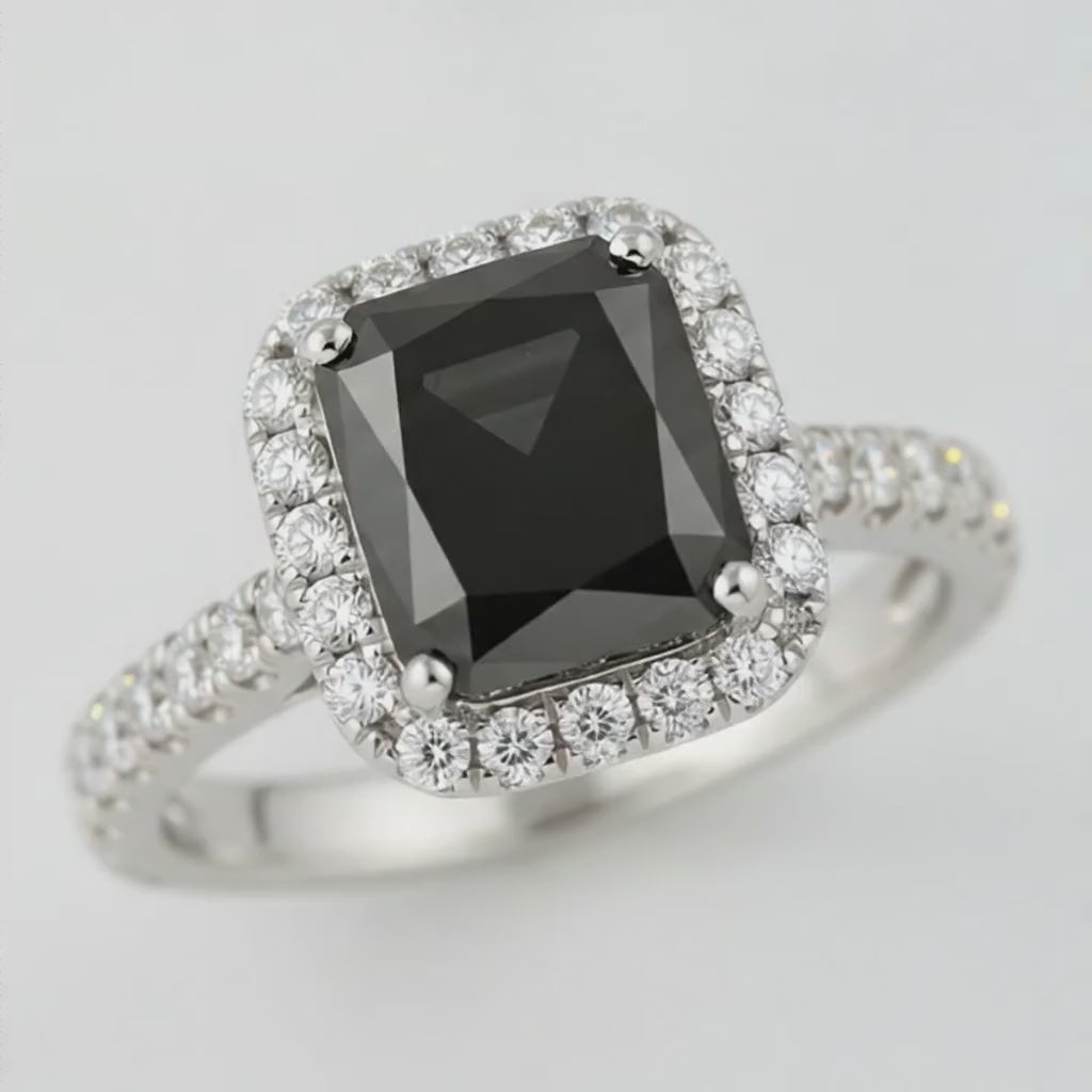 Radiant Cut Black Diamond and White Diamond Halo Ring Natural 14K White Gold