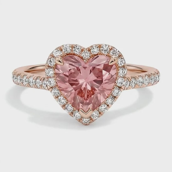 Heart Padparadscha and White Diamond Halo Ring Natural 14K Rose Gold