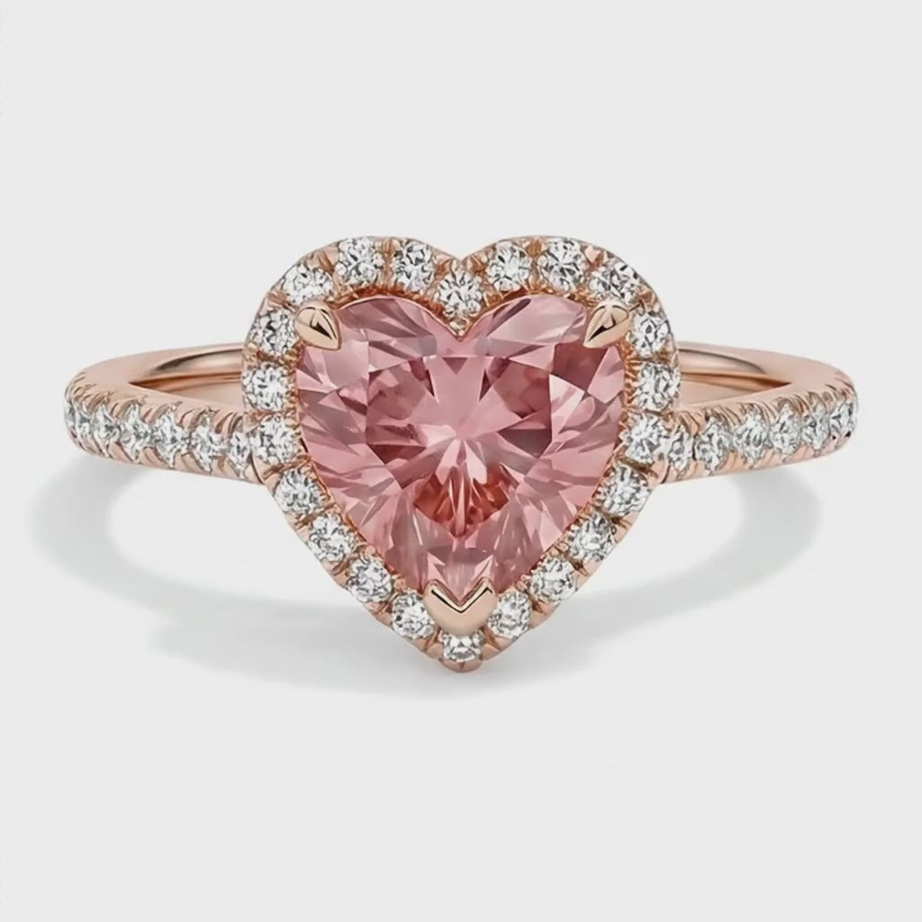 Heart Padparadscha and White Diamond Halo Ring Natural 14K Rose Gold