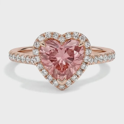 Heart Padparadscha and White Diamond Halo Ring Natural 14K Rose Gold