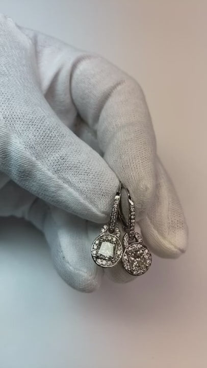 Radiant And Round Natural Earth Mined Diamond 2.50 Carat Earring Leverback White Gold 14K