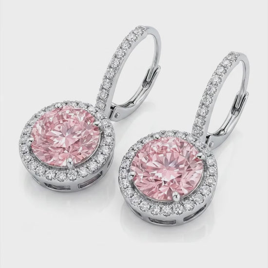 2 Carat Round Pink Lab Grown Diamond and White Diamond Halo Earrings 14K White Gold