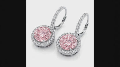 2 Carat Round Pink Lab Grown Diamond and White Diamond Halo Earrings 14K White Gold