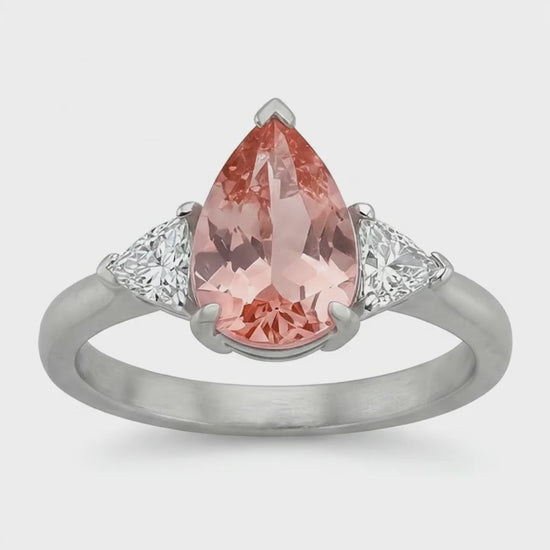 Pear Padparadscha and White Diamond Three Stone Ring Natural 14K White Gold