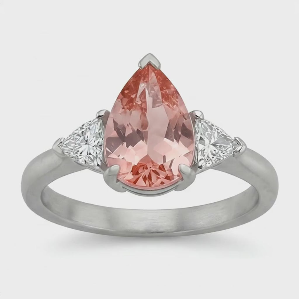 Pear Padparadscha and White Diamond Three Stone Ring Natural 14K White Gold