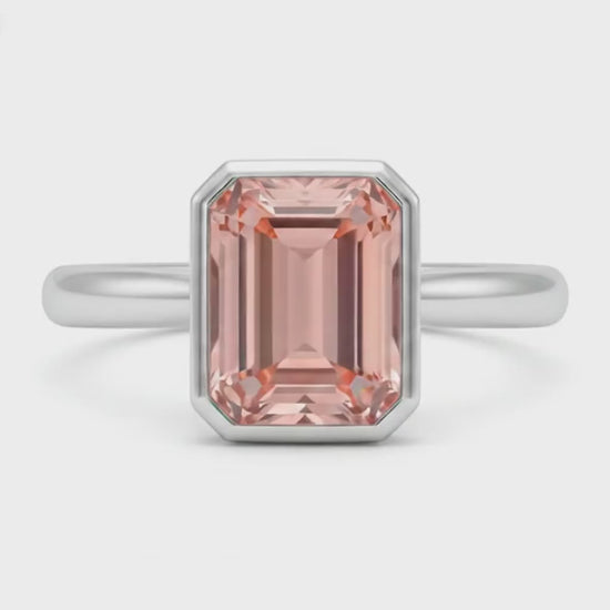 Emerald Padparadscha Bezel Solitaire Ring Natural 14K White Gold