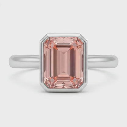 Emerald Padparadscha Bezel Solitaire Ring Natural 14K White Gold