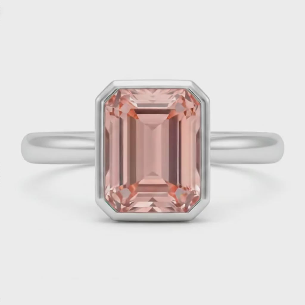 Emerald Padparadscha Bezel Solitaire Ring Natural 14K White Gold