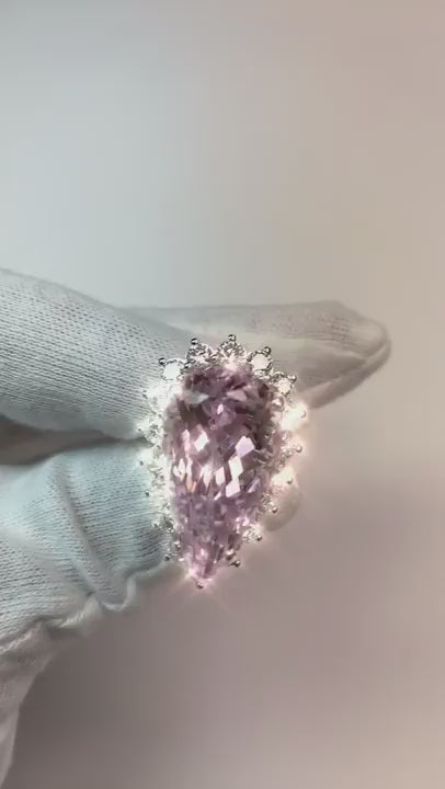 21.75 Carats Pear Kunzite With Round Natural Earth Mined Diamonds Ring White Gold 14K