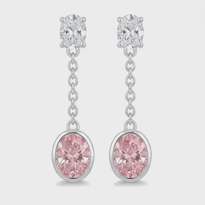 Pink Diamond Drop Earrings 2.5 Carat Lab Grown Oval Bezel Long Dangle 14K White Gold