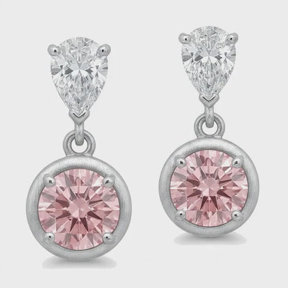 Pink Diamond Drop Earrings 3 Carat Lab Grown Round Bezel Pear Tops 14K White Gold