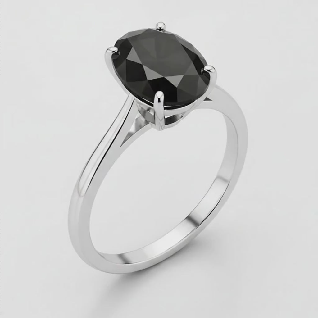 7 Carat Oval Black Diamond Solitaire Ring Natural 14K White Gold