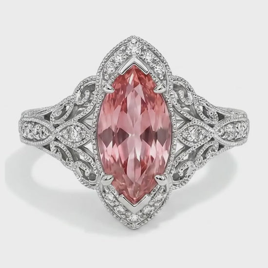 Marquise Lab Grown Padparadscha and Lab Grown Diamond Halo Ring 14K White Gold