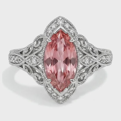Marquise Lab Grown Padparadscha and Lab Grown Diamond Halo Ring 14K White Gold