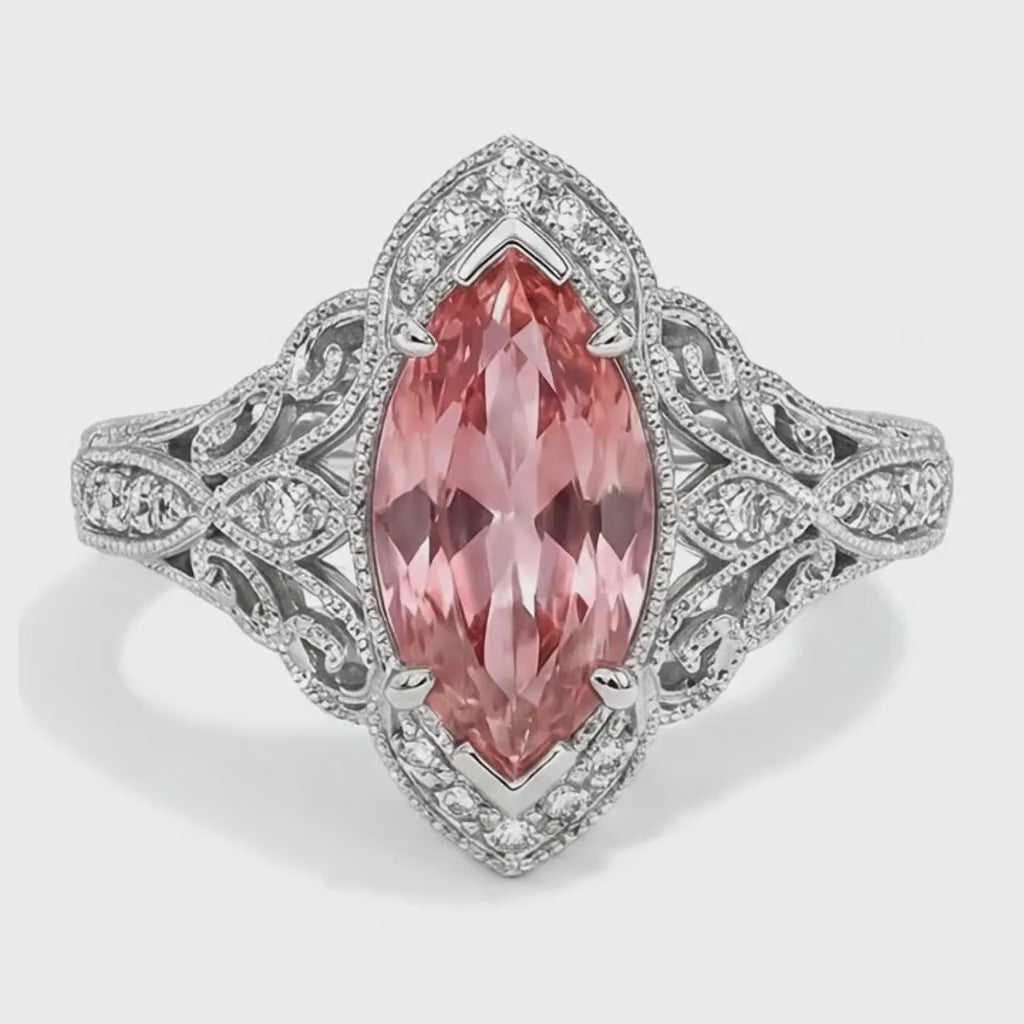 Marquise Lab Grown Padparadscha and Lab Grown Diamond Halo Ring 14K White Gold