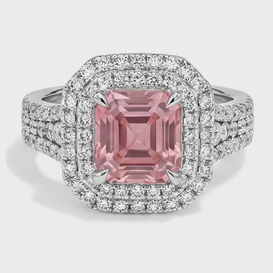 Asscher Lab Grown Padparadscha and Lab Grown Diamond Double Halo Ring 14K White Gold