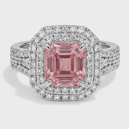 Asscher Lab Grown Padparadscha and Lab Grown Diamond Double Halo Ring 14K White Gold